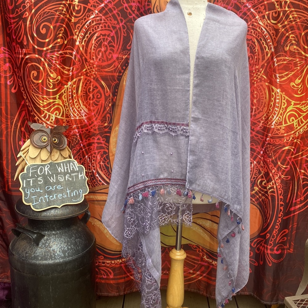 Handcrafted Purple Lace Pearl Pashmina Scarf Wrap Embroidered Tassel Shawl OS